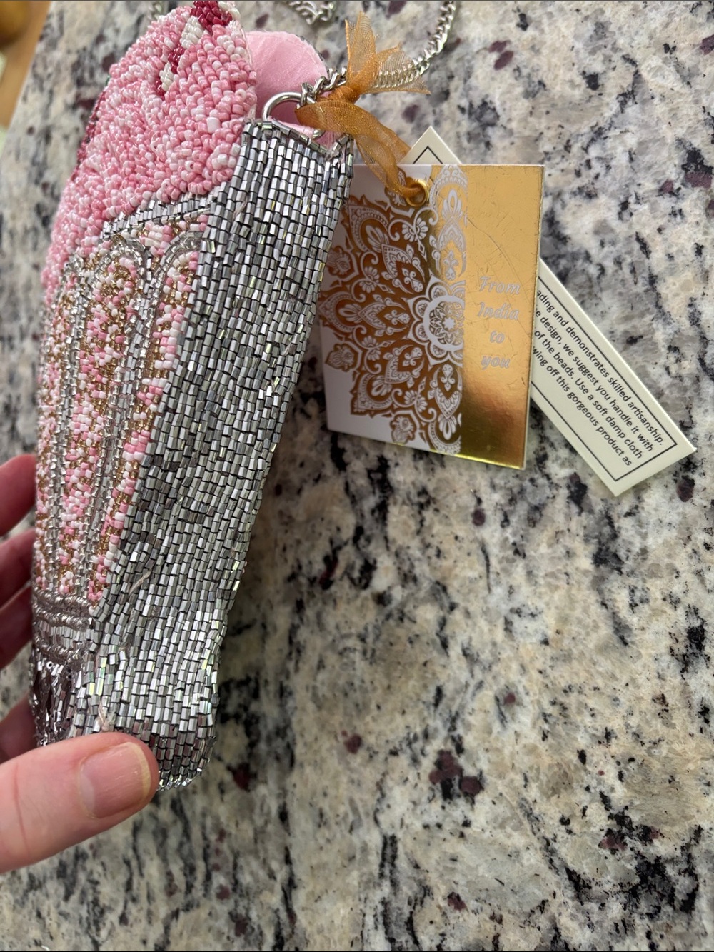 Made in India Beaded Pink and Silver Strawberry Milkshake Crossbody Bag - Picture 9 of 12